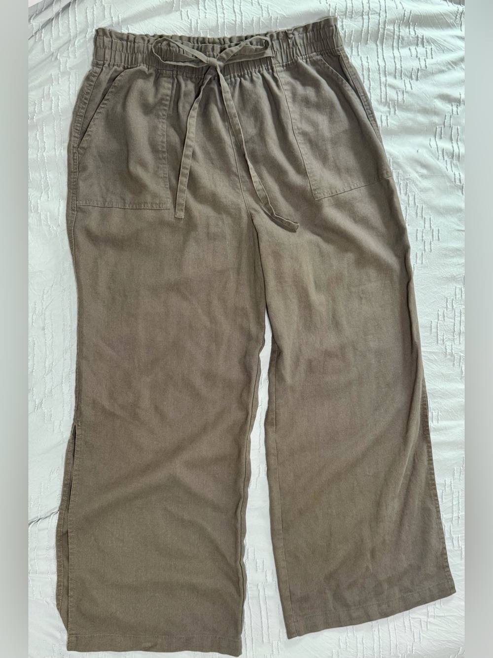 One5One Aurora Linen Blend Wide Leg Slit Pants XL Olive Pull-On Pockets